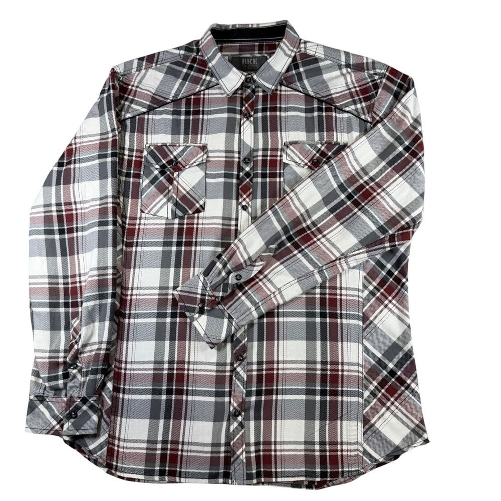 BKE Athletic Fit Mens XXL Plaid Button Down Shirt Burgundy Grey Western B2457